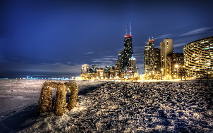 stadsbild, HDR, snö, byggnad, lampor, Chicago, USA, HD tapet