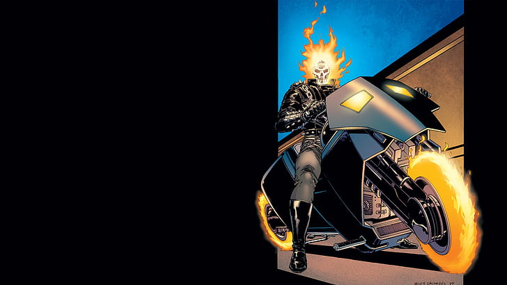 Ghost Rider Motorcycle Fire Flame Skull Black HD, карикатура / комикс, черно, огън, череп, мотоциклет, призрак, пламък, ездач, HD тапет
