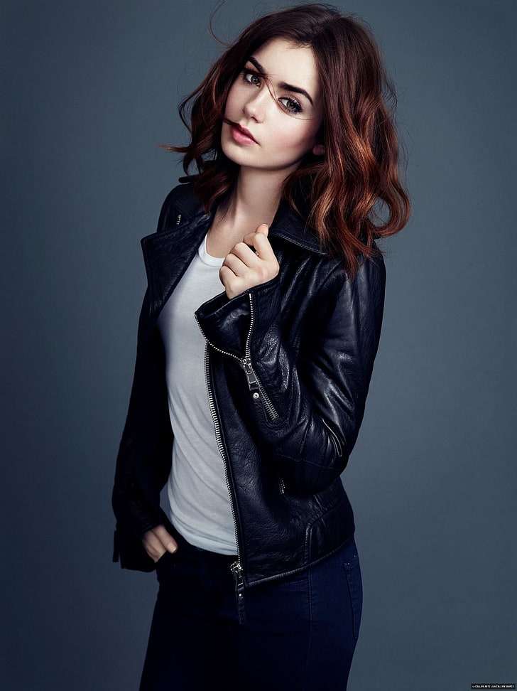 Lily Collins, portrait, women, leather jackets, hair in face, actress, portrait display, redhead, makeup, HD wallpaper
