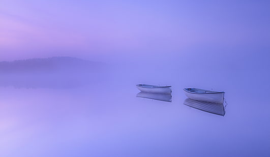 Łódki wiosłowe, Poranek, Mgła, Jezioro, Loch Rusky, Szkocja, 4K, 8K, Tapety HD HD wallpaper