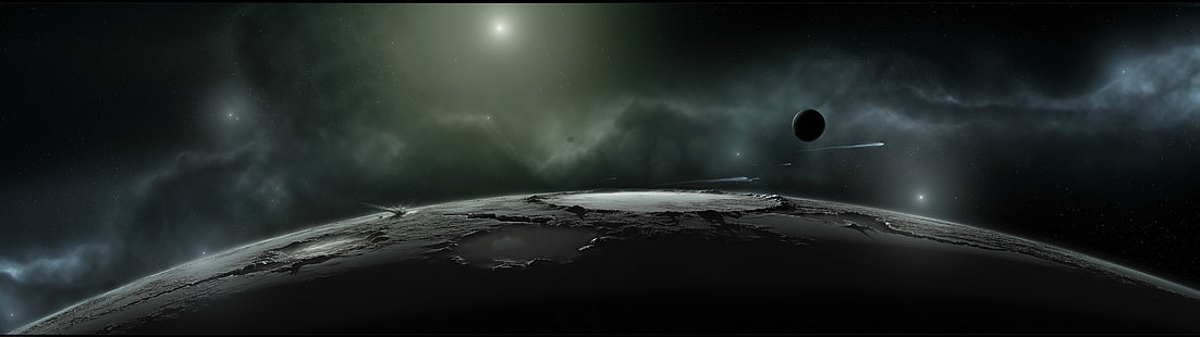 svart planet tapet, rymd, måne, meteorer, flera displayer, HD tapet HD wallpaper