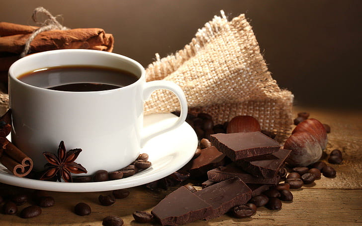 Kaffee Schokolade Food Cups Beans High Resolution, Getränke, Bohnen, Schokolade, Kaffee, Tassen, Lebensmittel, hoch, Auflösung, HD-Hintergrundbild