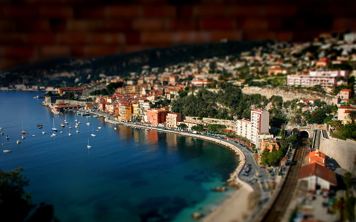 Luftaufnahme der Stadt am Meer, Luftaufnahme der Küste, Minimalismus, Tilt Shift, HD-Hintergrundbild