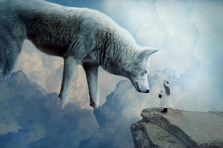Künstlerisch, Fantasie, Klippe, Wolke, Kleines Mädchen, Weißer Wolf, Wolf, HD-Hintergrundbild