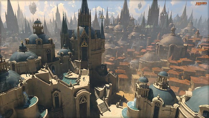 castelo cinza e azul, Magic: The Gathering, magia, Azorius, cidade, HD papel de parede