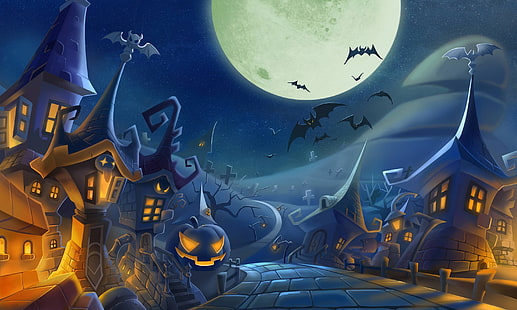 Хэллоуин, летучие мыши, фэнтези-арт, HD обои HD wallpaper