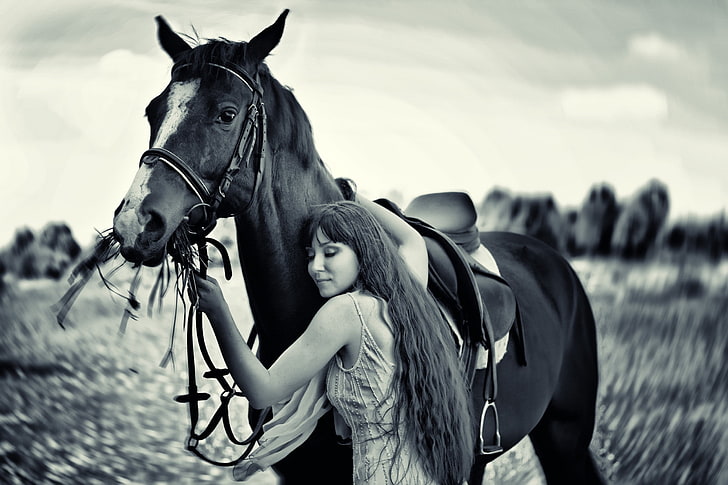 women black and white grass long hair horses 2560x1707  Animals Horses HD Art , black and white, women, HD wallpaper