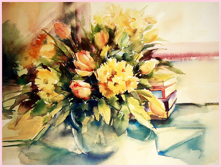yellow flowers painting, flowers, paint, figure, books, watercolor, still life, painting, HD wallpaper