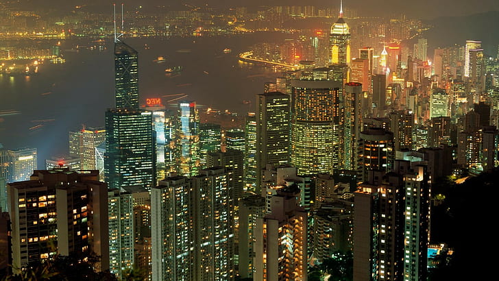 Хонконгски сгради Нощни небостъргачи HD, нощ, сгради, градски пейзаж, небостъргачи, Конг, Хонг, HD тапет