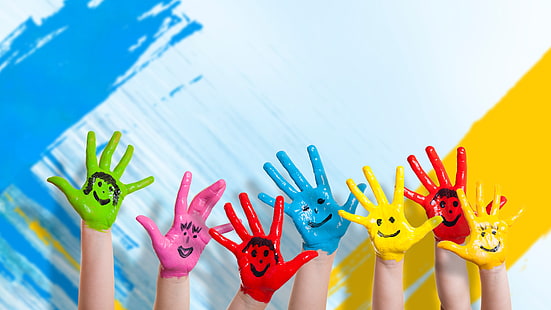 seven hands with red, blue, yellow, pink, and green paints wallpaper, happiness, hands, Children, drawing, smiles, mode, colour wall, the color of the walls, kids, HD wallpaper HD wallpaper