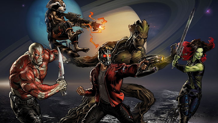 Guardians Of the Galaxy illustration, Guardians of the Galaxy, Star Lord, Gamora, Rocket Raccoon, Groot, Drax the Destroyer, Marvel Comics, HD tapet