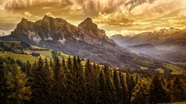 Alpes suíços, Suíça, céu, região selvagem, montanha, terras altas, cadeia de montanhas, Alpes, nuvem, luz solar, paisagem, cenário de montagem, HD papel de parede