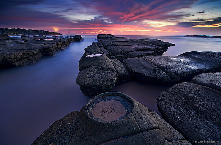 stones, lighthouse, morning, Australia, New South Wales, HD wallpaper