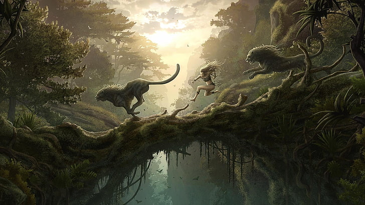 игра герои илюстрация, джунгла, гора, лъв, пантери, пейзаж, фентъзи изкуство, HD тапет