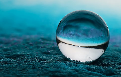 white and blue marble toy, clear glass ball on top of blue soil, grass, ball, macro, photography, sphere, HD wallpaper HD wallpaper