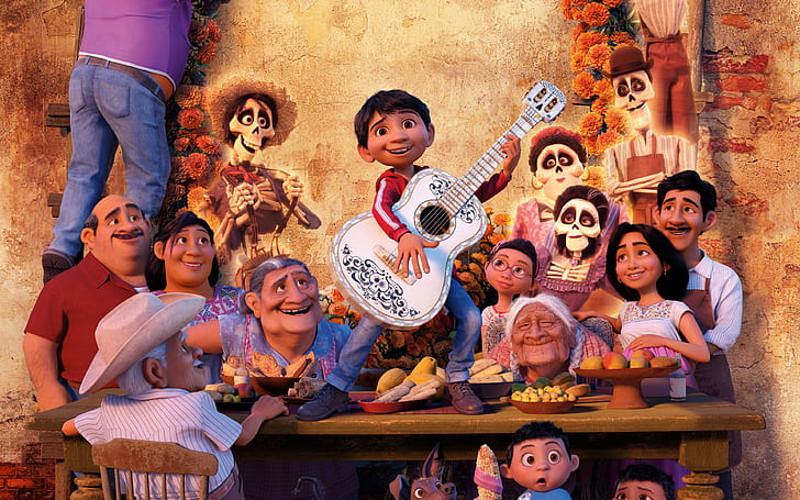 table, people, cartoon, guitar, boy, fantasy, Disney, feast, skeletons, PIXAR, Coco, The Mystery Of Coco, Miguel, HD wallpaper