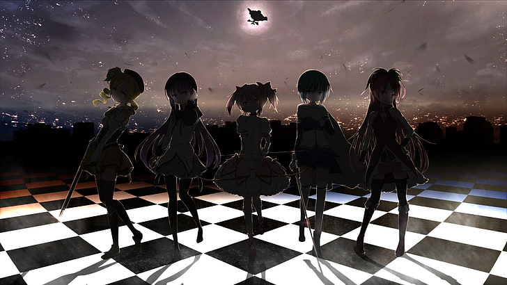 صورة ظلية لخمس فتيات واقفات ، Mahou Shoujo Madoka Magica ، فتيات أنيمي ، عمل فني ، أنيمي، خلفية HD