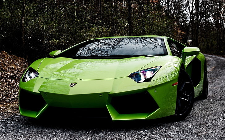 bingkai tempat tidur mobil hijau dan hitam, mobil, mobil hijau, Lamborghini, Wallpaper HD