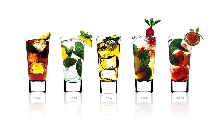 five glasses of cocktail drinks, ice, glasses, drinks, Cocktails, HD wallpaper