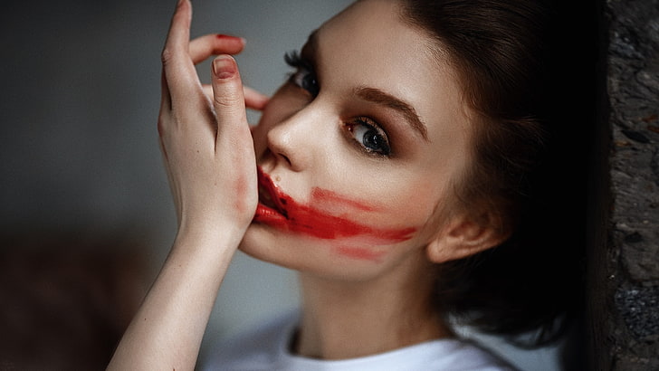 women, model, lipstick, face, Olya Pushkina, Georgy Chernyadyev, HD wallpaper
