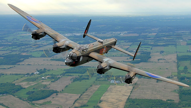 vuelo, retro, el avión, paisaje, bombardero, Avro Lancaster, Fondo de pantalla HD