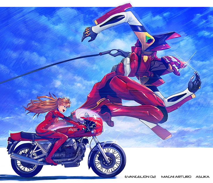 Evangelon and Magnaturo Asuka wallpaper, Neon Genesis Evangelion, Asuka Langley Soryu, EVA Unit 02, motorcycle, anime, HD wallpaper