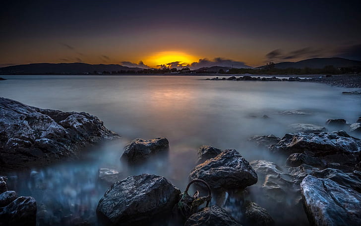 Sunset At Rhodes Coast With Rock Lake Evaporation, Mist Desktop Wallpaper Hd, HD wallpaper