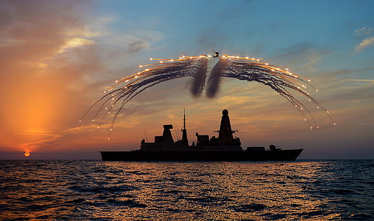 Type 45, ship, navy, Destroyer, Royal Navy, flares, military, sea, sky, sunlight, HD wallpaper HD wallpaper