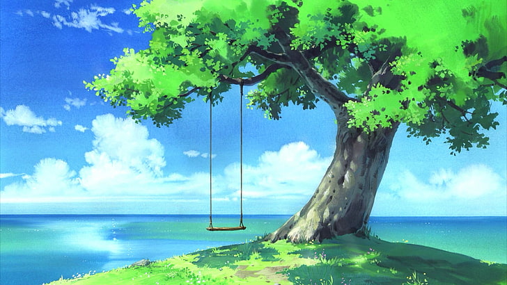пейзаж, аниме арт, дерево, море, небо, облако, качели, HD обои