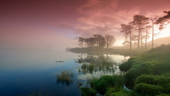 Шотландия, Европа, провинция, мъглив, мъглив, небе, езеро, мъгла, дървета, облаци, отразяват, HD тапет HD wallpaper