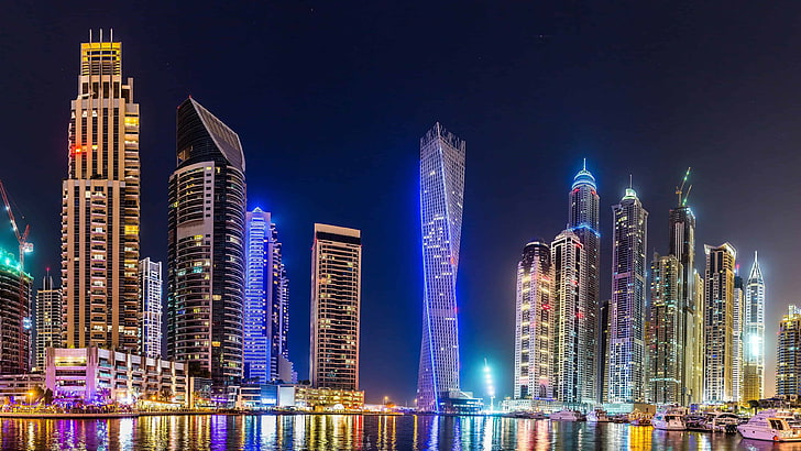 dubaï, paysage urbain, gratte-ciel, métropole, marina de dubaï, émirats arabes unis, eau, horizon, lumières de la ville, nuit, bâtiments, centre-ville, marina, Fond d'écran HD