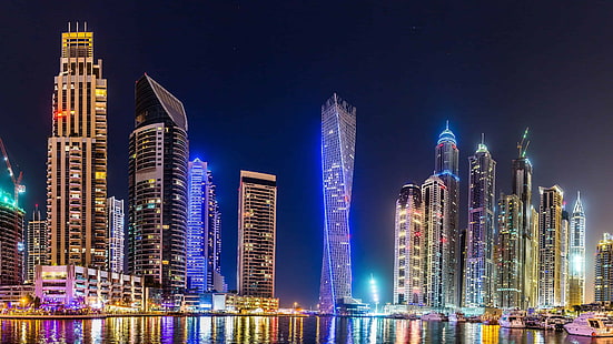 두바이, 도시 풍경, 고층 빌딩, 중심지, 두바이 마리나, 아랍 에미리트, 아랍 에미리트, 지평선, 도시 조명, 밤, 건물, 도심, 선착장, HD 배경 화면 HD wallpaper