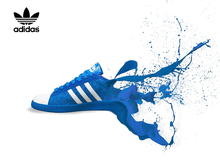 unpaired blue and white adidas low-top sneaker, squirt, blue, paint, color, white background, Adidas, sneakers, HD wallpaper