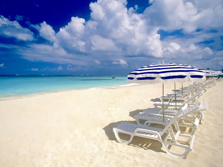 Shoal Bay Beach Anguilla HD, white wooden beach lounger with parasol lot, beach, bay, anguilla, shoal, HD wallpaper