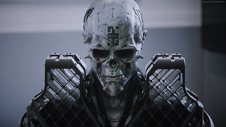 casco con estampado de calavera blanco y gris, ciencia ficción, calavera, blindado, robot, futurista, Vitaly Bulgarov, Fondo de pantalla HD