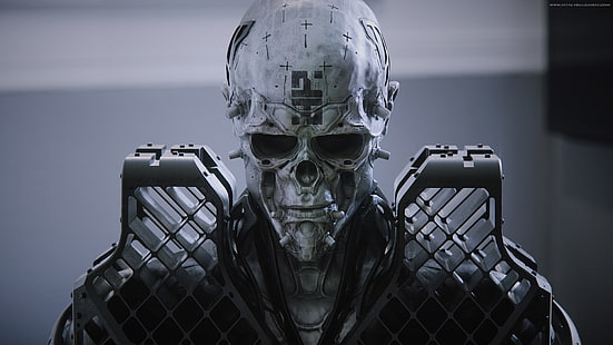 casco con estampado de calavera blanco y gris, ciencia ficción, calavera, blindado, robot, futurista, Vitaly Bulgarov, Fondo de pantalla HD HD wallpaper
