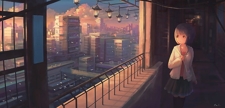 Аниме, оригинал, балкон, здание, девушка, фонарь, короткие волосы, HD обои