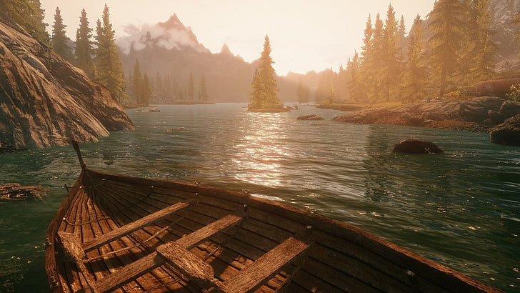 brązowa drewniana łódź wiosłowa ilustracja 3D, The Elder Scrolls V: Skyrim, gry wideo, Tapety HD