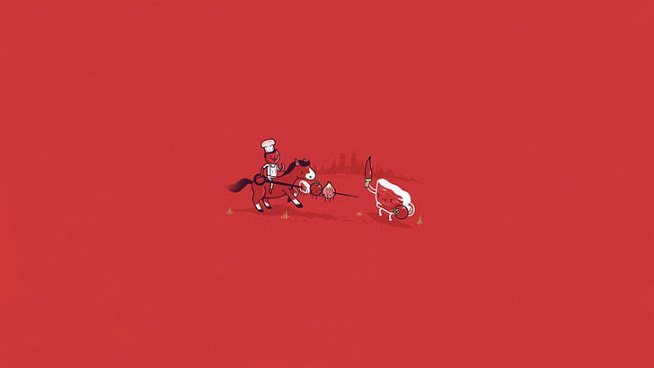 A caccia di carne, uomo e cavallo nero e rosso, divertente, 1920x1080, pepe, pomodoro, cipolla, carne, cuoco, Sfondo HD