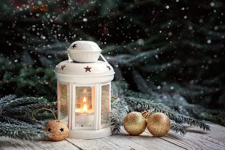 зима, украшения, Новый год, Рождество, фонарь, свет, дерево, xmas, Merry, ель, HD обои