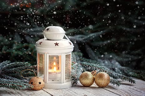 зима, украшения, Новый год, Рождество, фонарь, свет, дерево, xmas, Merry, ель, HD обои HD wallpaper