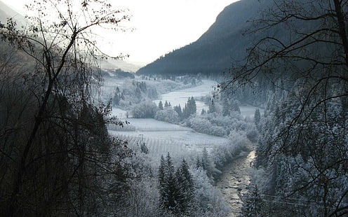 Amazing winter scenario, body of water, nature, 1920x1200, snow, winter, tree, forest, mountain, river, HD wallpaper HD wallpaper