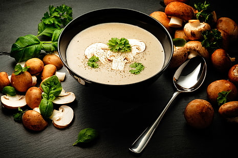 soupe, nourriture, champignon, cuillère, Fond d'écran HD HD wallpaper