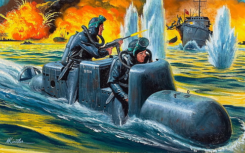 fogo, ataque, figura, explosões, navios, arte, porto, WW2, águas, sapos italianos, torpedos humanos SLC, HD papel de parede HD wallpaper