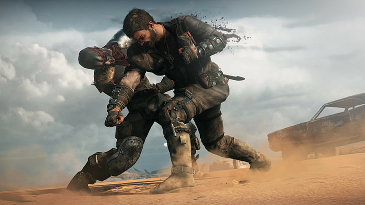 двое мужчин сражаются возле машины в дневное время, Mad Max, Best Games 2015, игра, стрелялка, ПК, PS4, Xbox One, HD обои