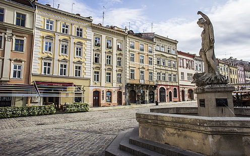 Ukraine, Lviv, Rynok Square, fountain, houses, Ukraine, Lviv, Rynok, Square, Fountain, Houses, HD wallpaper HD wallpaper