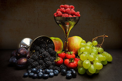 ягоды, малина, фон, яблоки, клубника, виноград, фрукты, натюрморт, слива, ежевика, черника, HD обои HD wallpaper