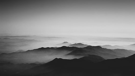 foggy mountains, monochrome, black, clouds, mountains, sky, white, calm, mist, HD wallpaper HD wallpaper