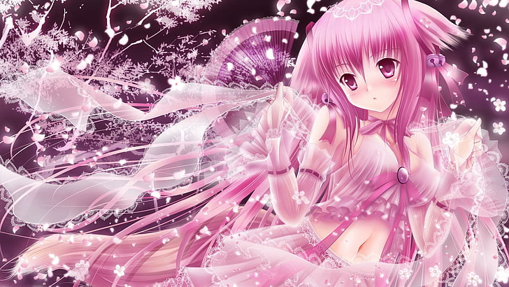 pink haired girl anime character illustration, girl, delicate, fan, feed, dress, wind, HD wallpaper