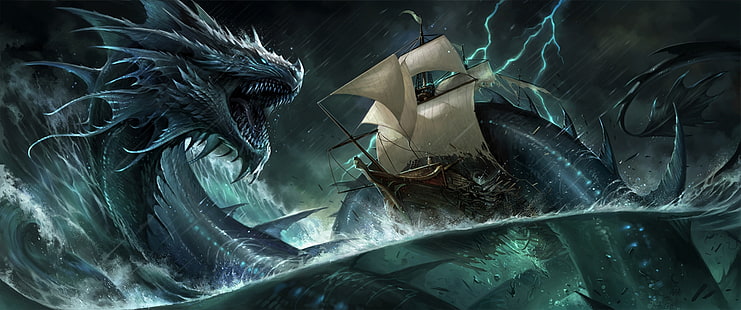 Leviathan, luminos, storm, dragon, sandara, sea, vara, fantasy, ship, green, summer, HD wallpaper HD wallpaper